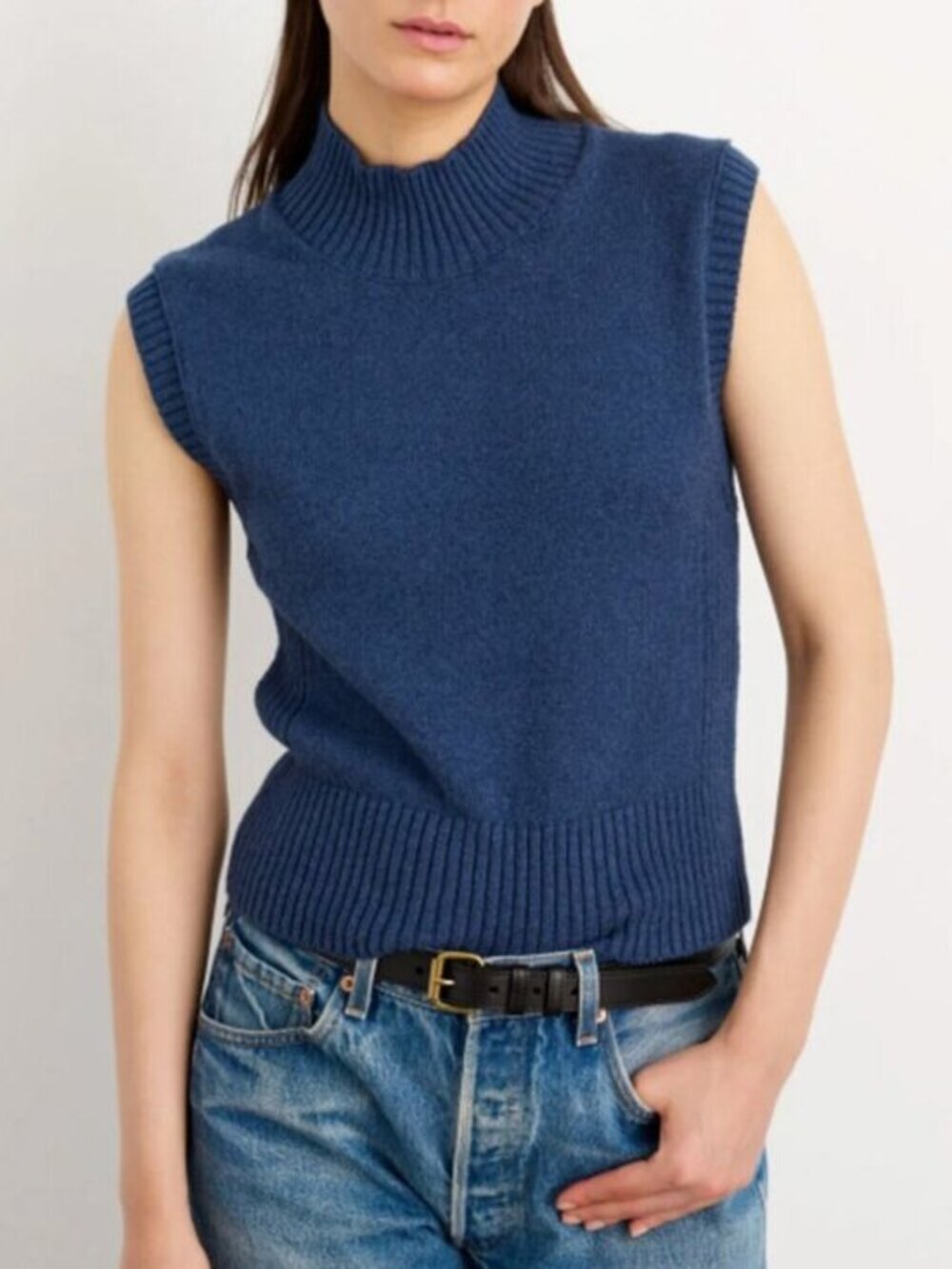 New Alex Mill Cotton Blend Mock Neck Vest Blue Large
